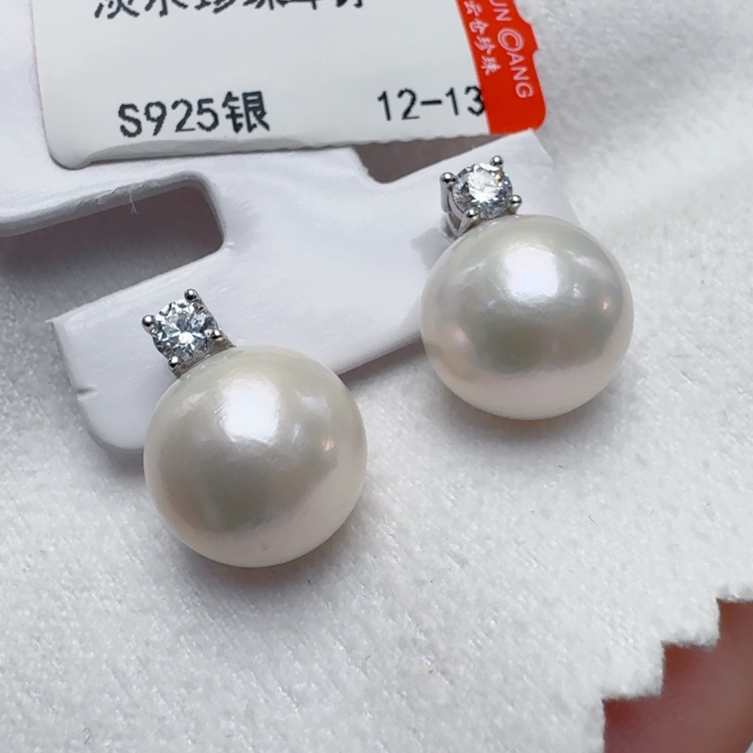 淡水珍珠银S925镶嵌耳饰@@be135