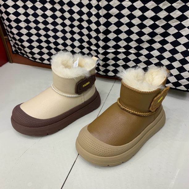 儿童冬季魔术贴牛皮时尚防水防滑加绒魔术贴雪地靴男女通用