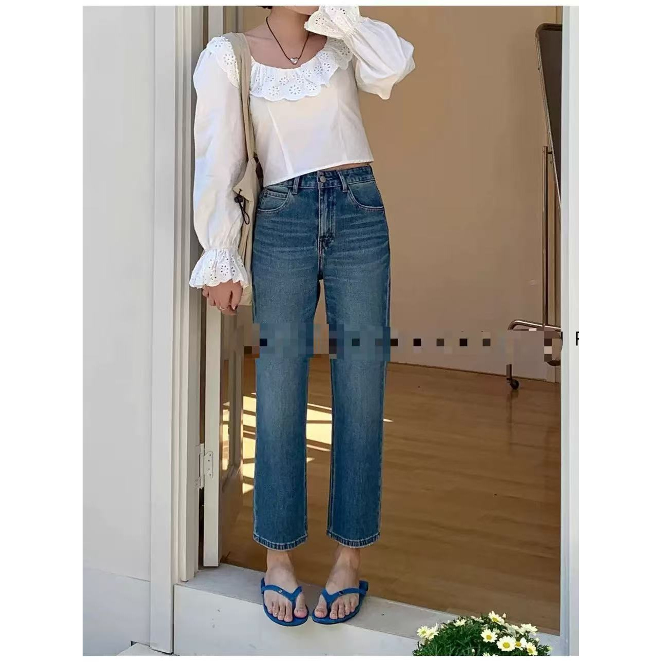 302牛仔裤女春高腰弹力显瘦蓝色九分法棍裤