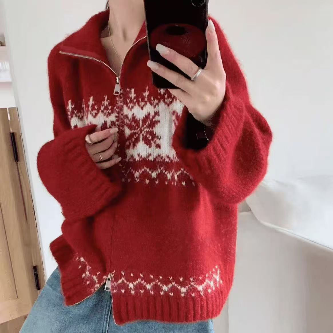 秋冬加厚毛衣开衫外套女费尔岛红色宽松提花针织开衫上衣77