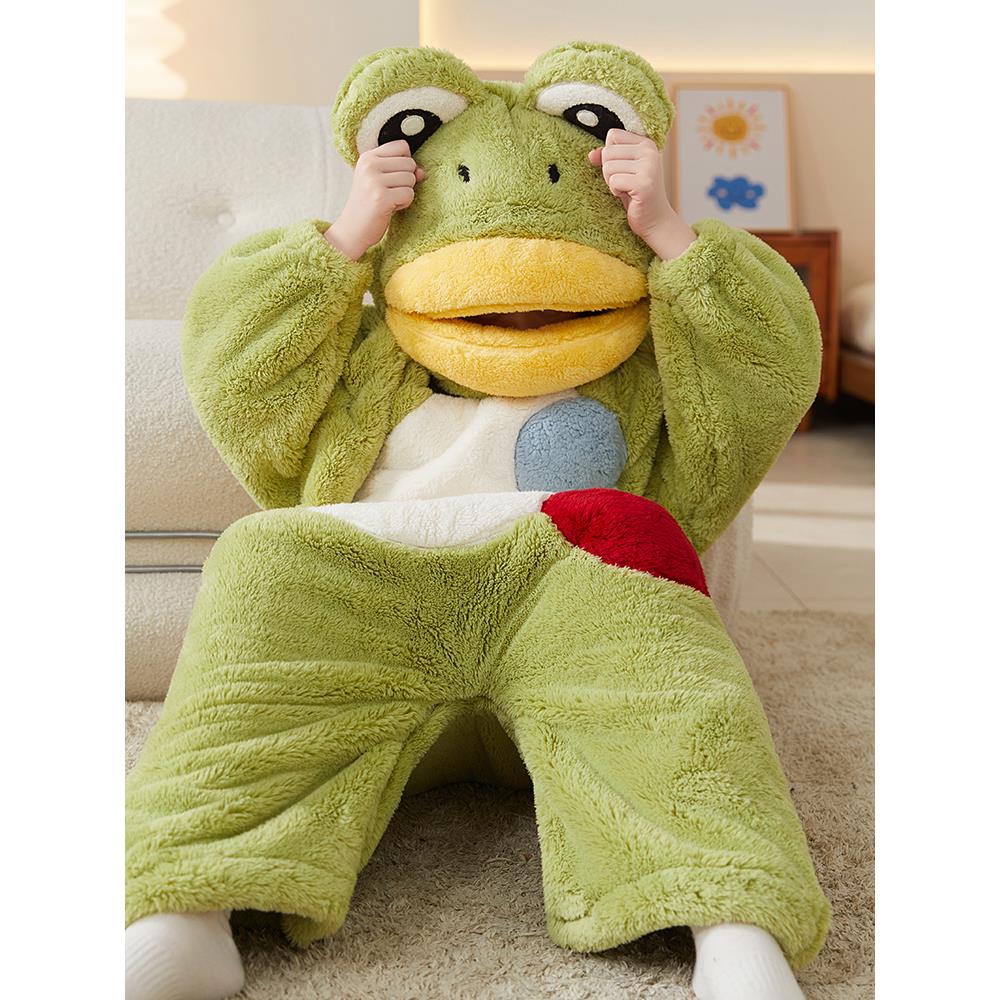 冬季睡衣女童青蛙宝宝睡袋珊瑚绒2025新款儿童家居服女保暖连体衣