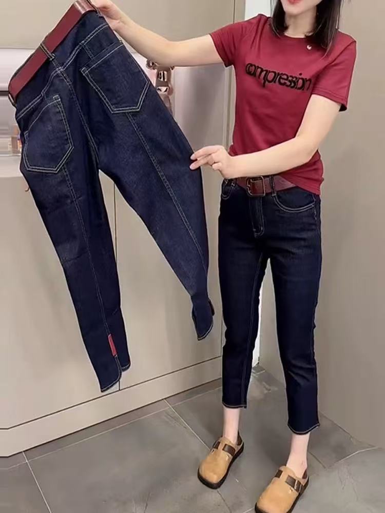 957丹宁兰弹力小脚牛仔裤女新款夏显瘦八九分烟管裤直筒时尚休闲