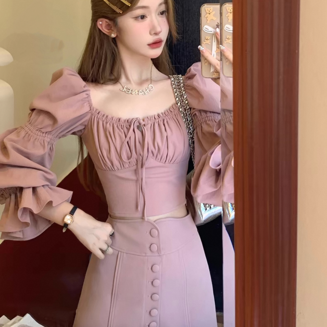 粉雾法式大方领衬衫+高腰半裙气质套装两件套显瘦