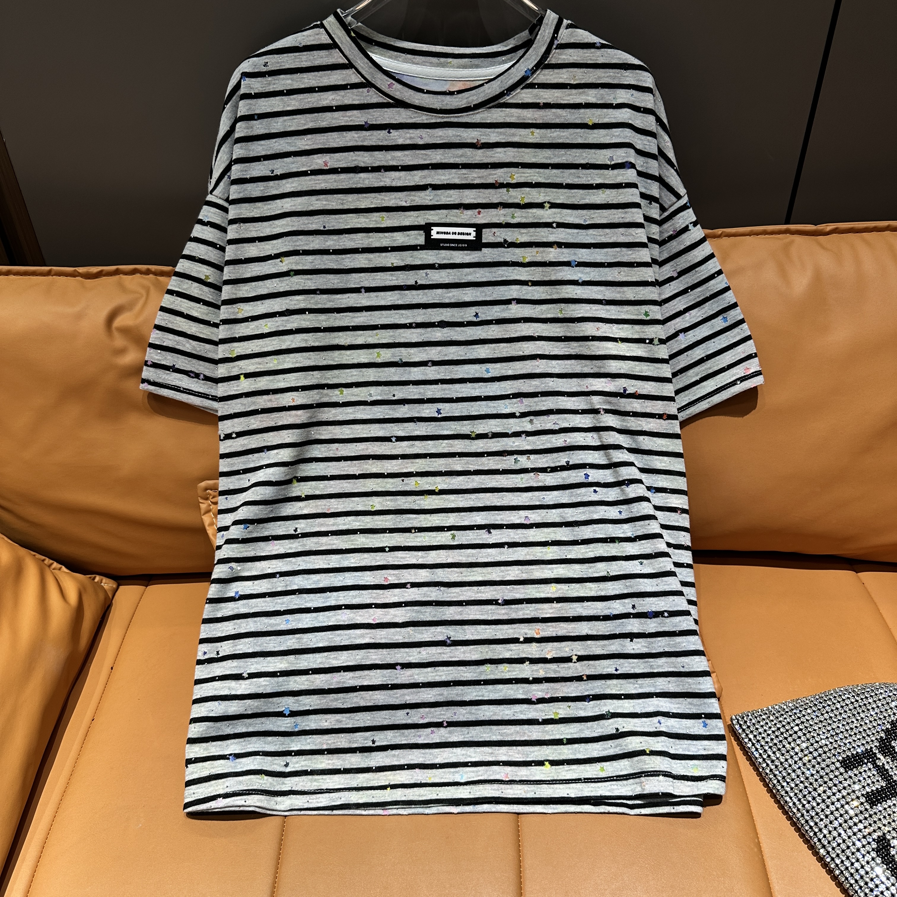 【SALE】MISS【蓝灰条纹】重工轻奢满钻休闲潮流女款夏季半袖T恤