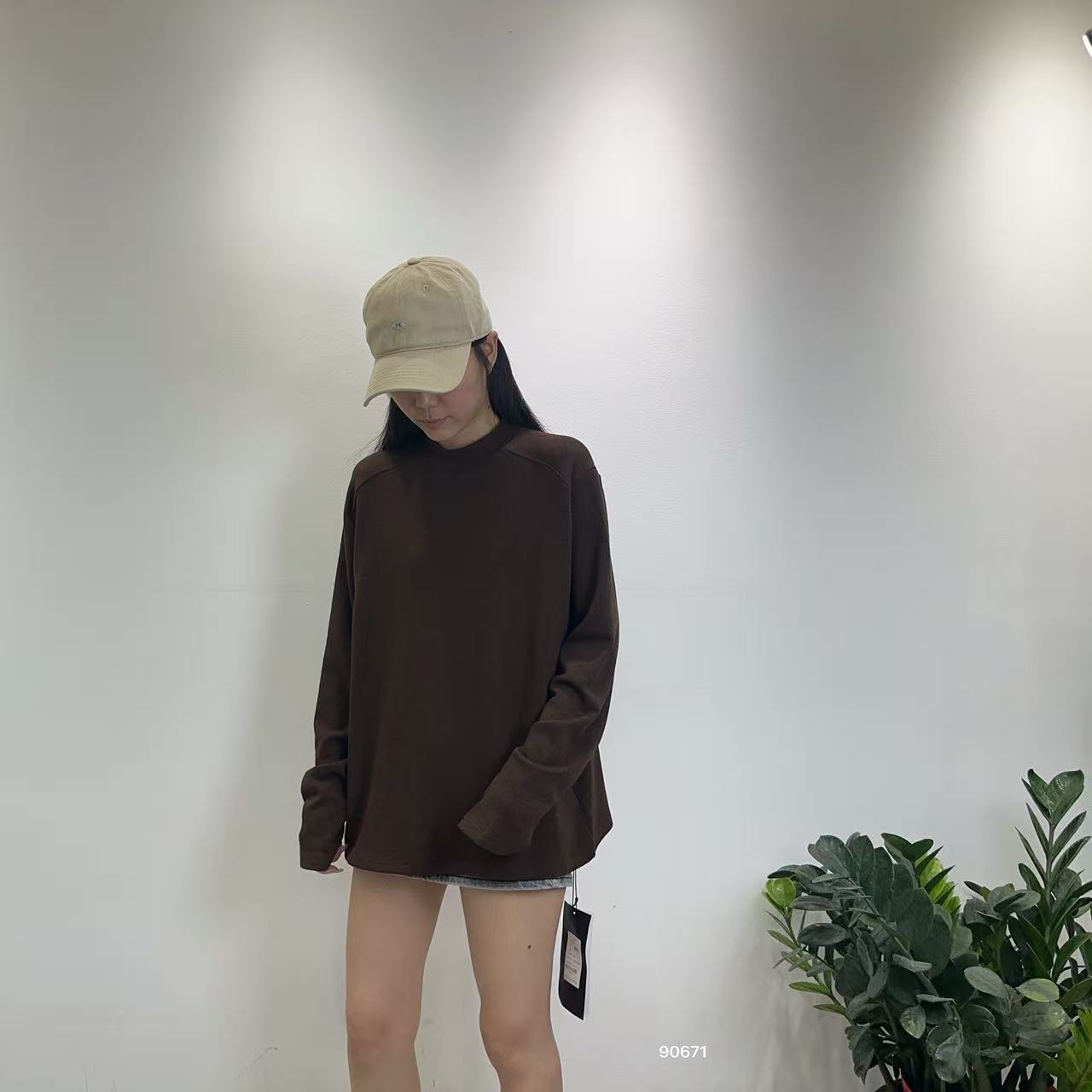 90671女款休闲百搭净版加绒寸领长袖打底衫