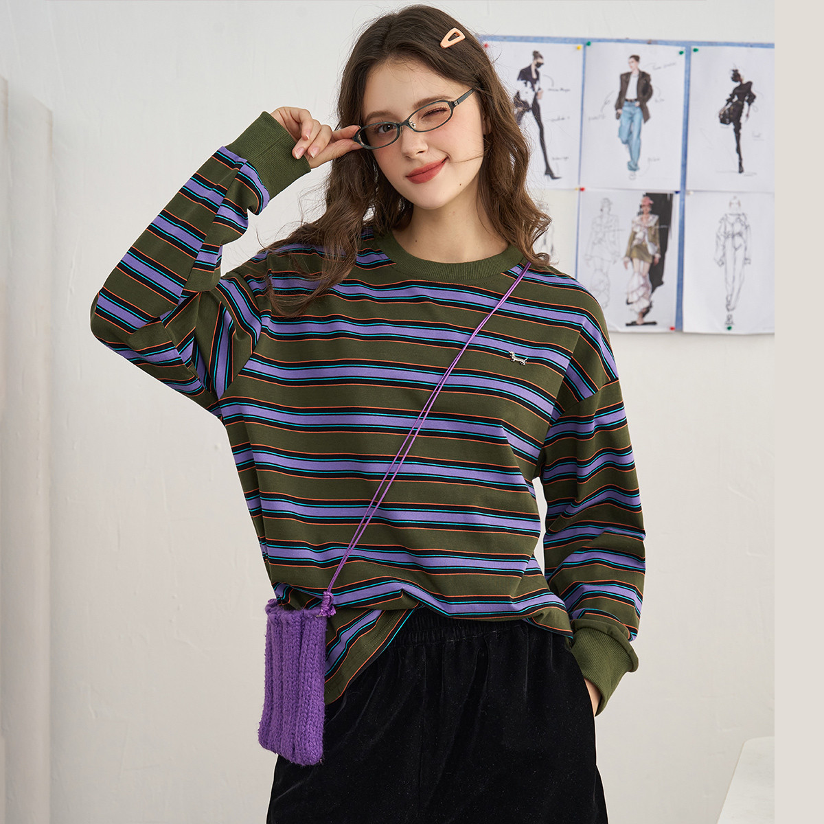 【茉茉专属】【100%棉】美式复古撞色条纹圆领百搭女式卫衣AEW4W2886