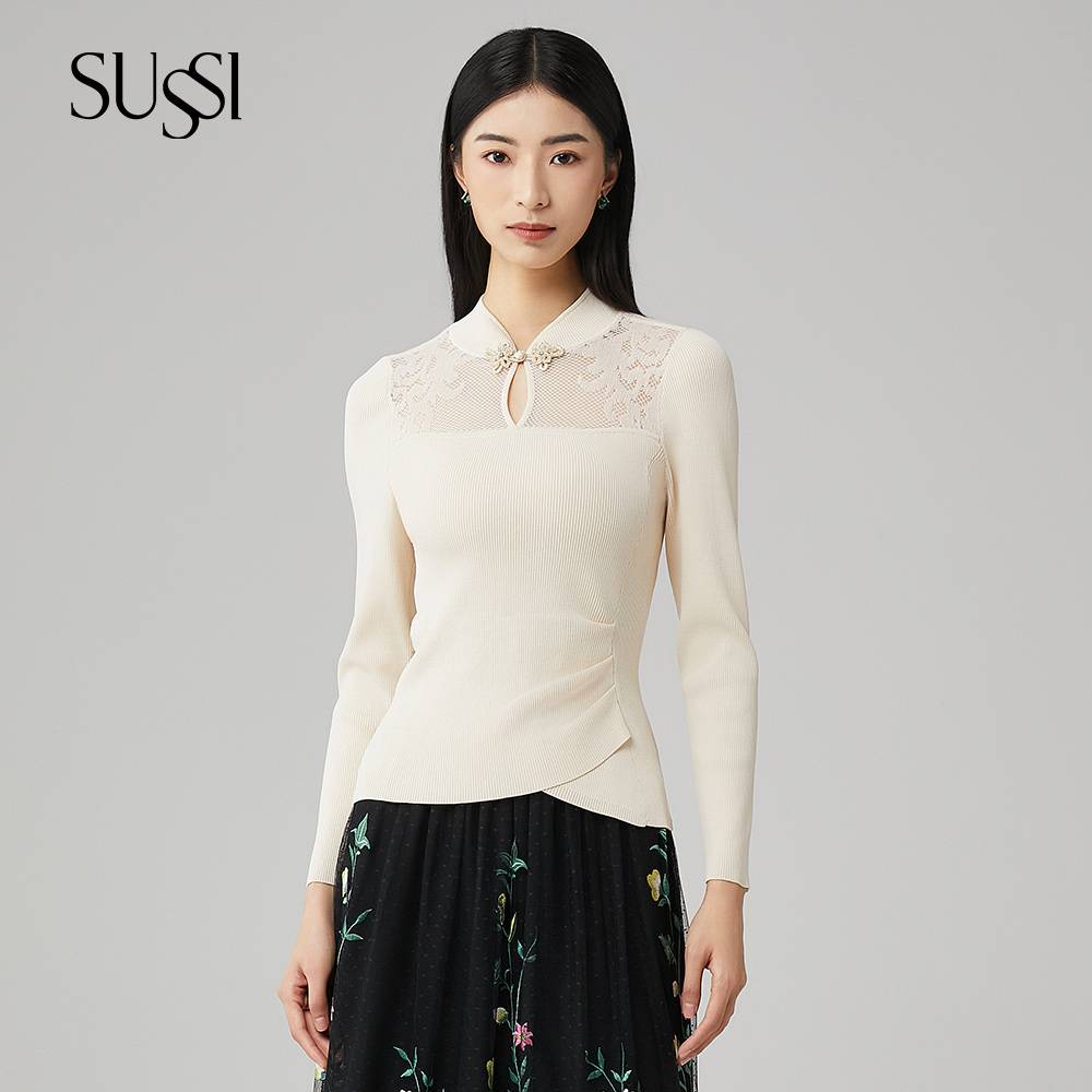 【新款多色】SUSSI/古色中式立领长袖不对称前片毛衣