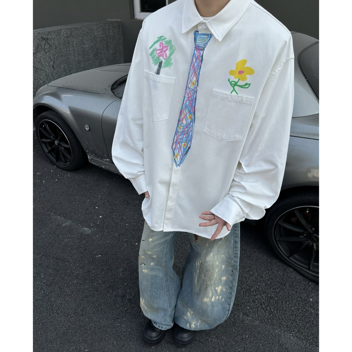 美式cleanfit手绘涂鸦设计长袖衬衫男款春秋季高级感白色衬衣外套