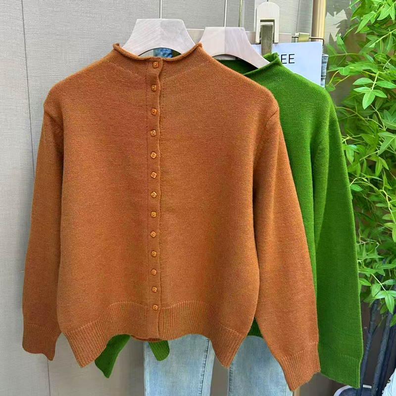 秋冬南瓜橘简约纽扣半高立领长袖宽松毛衣女开衫针织衫上衣打底衫