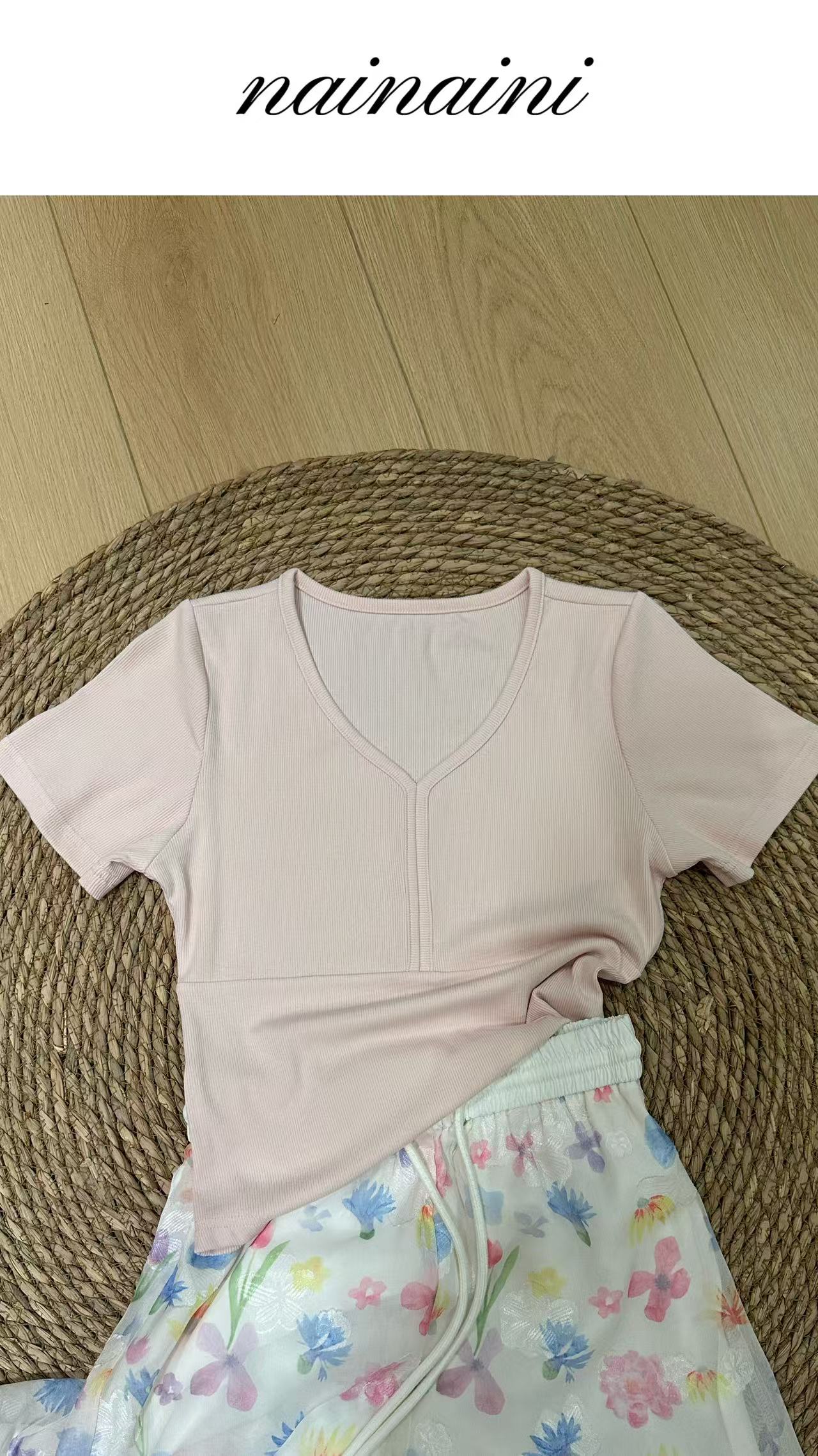 奈奈妮【温柔轮廓】短袖T恤显瘦设计感洋气百搭减龄6053