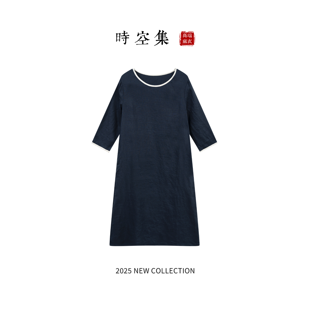 100%雨露亚麻时空集经典女士欧若风连衣裙新中式禅意国风圆领8001