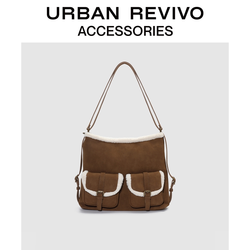 URBAN REVIVO2025秋季新款女流光风毛绒边单肩背包UAYB50180