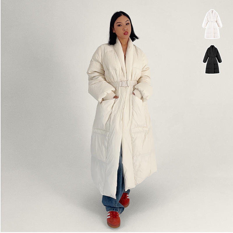 【清仓】羽绒服女长款过膝冬季保暖90白鸭绒外套白色收腰显瘦设计感