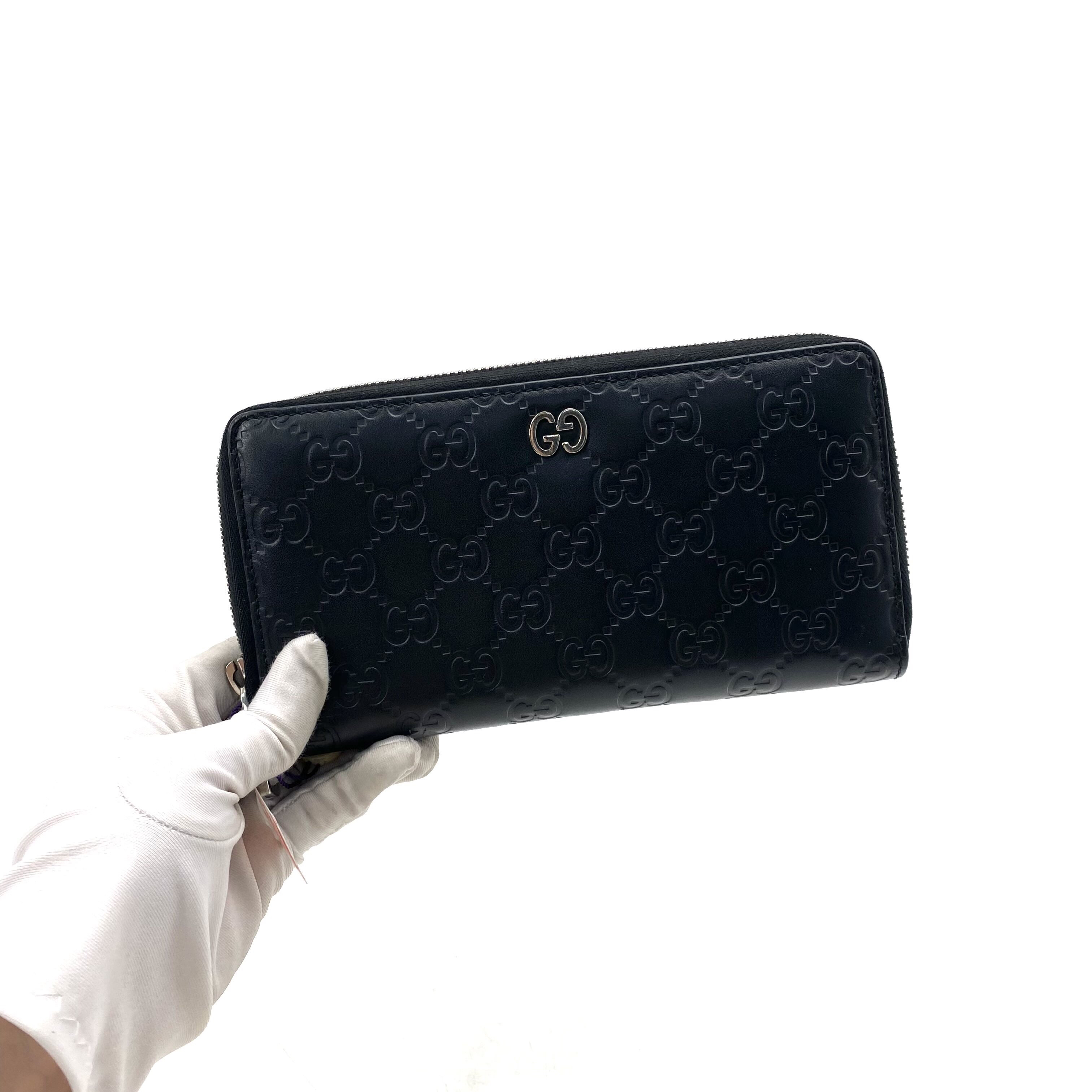 95新 GUCCI/古驰 黑色全皮拉链钱包尺寸20/10 时尚真皮菱格皮钱包