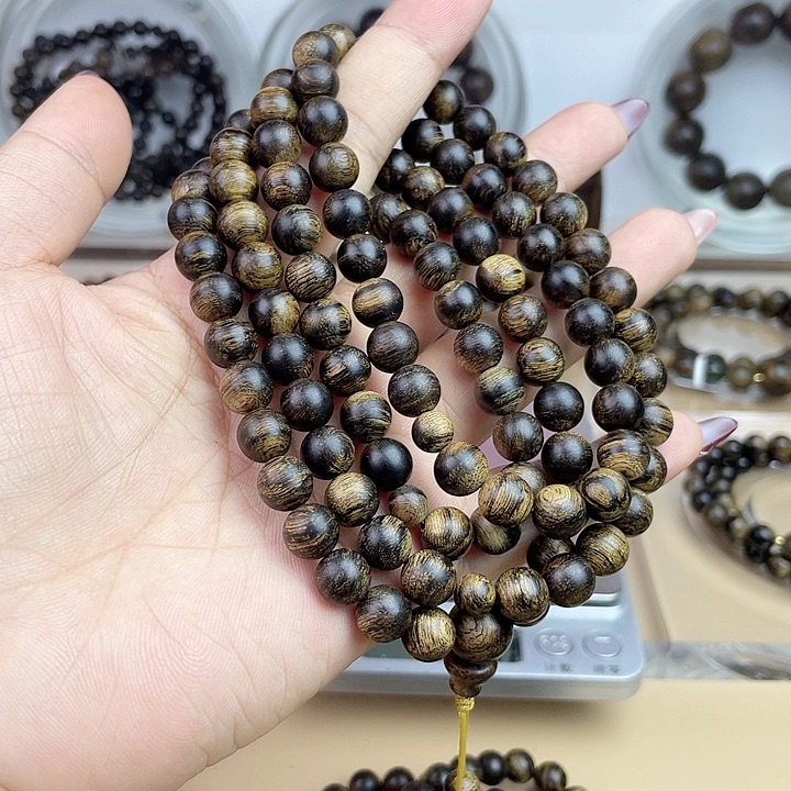 沉香手串悟*越南芽庄白奇玉化留疤嘤子虎斑