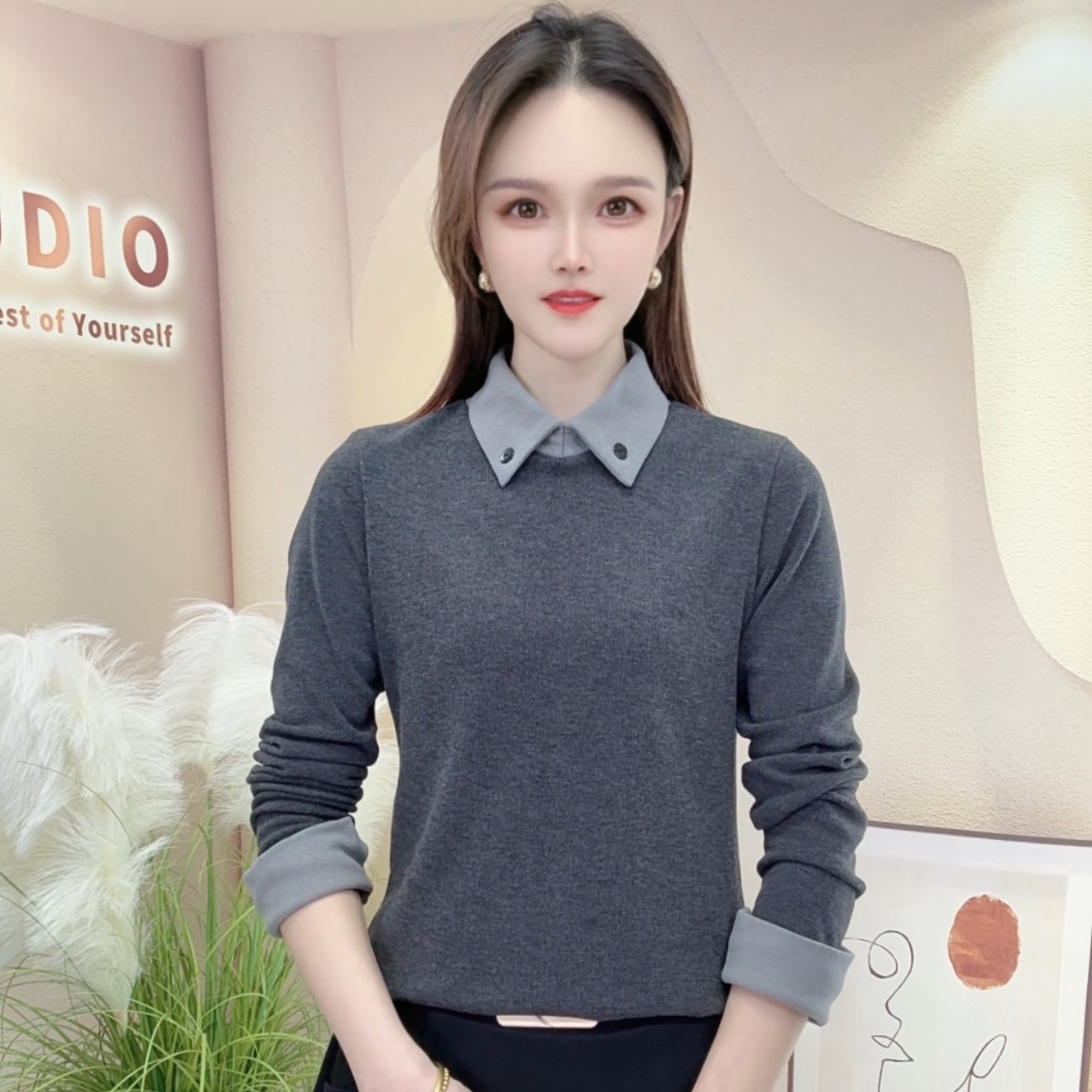 冬季新款时尚翻领拼色双面绒保暖打底衫休闲气质百搭女士长袖小衫