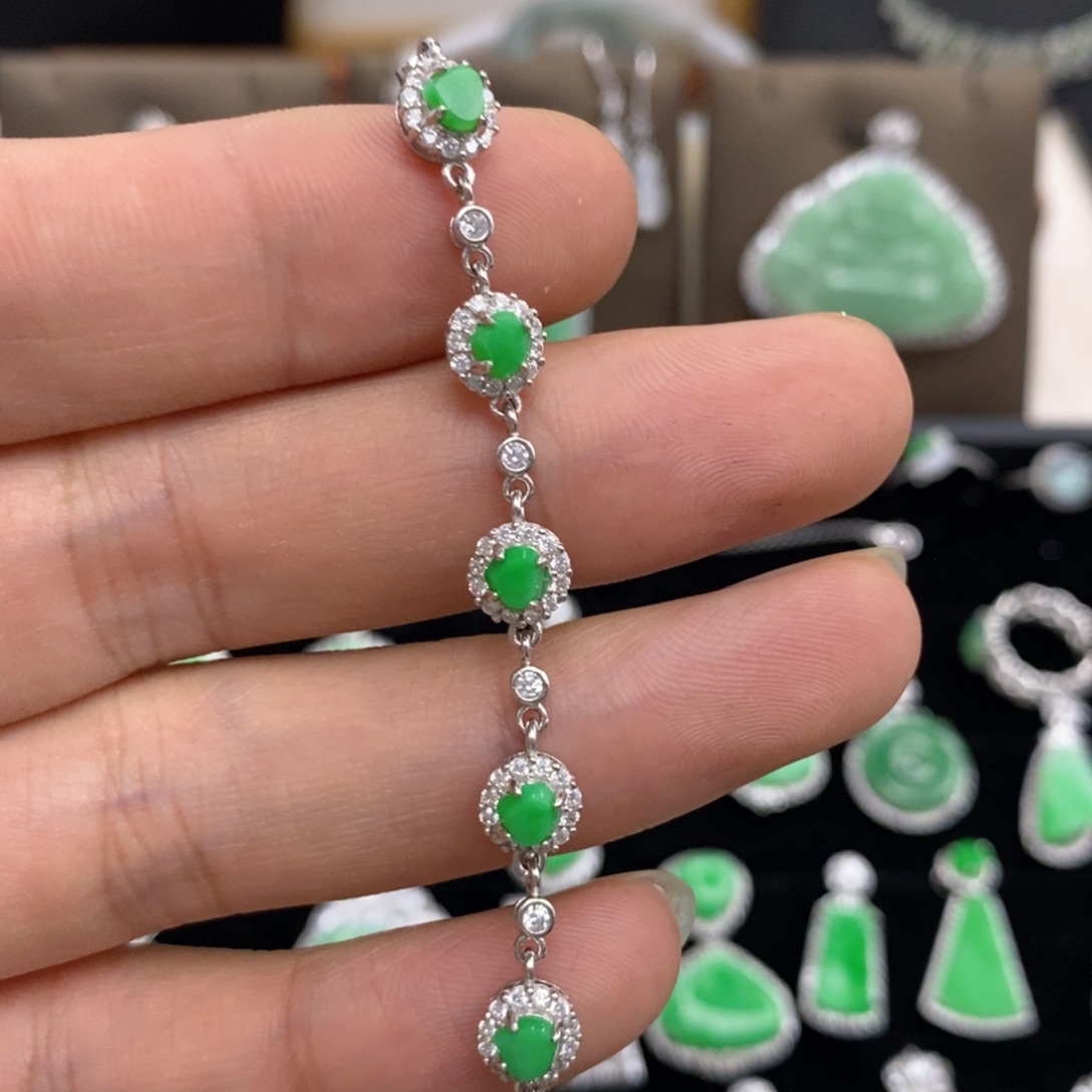 翡翠手链银S925镶嵌天然翡翠