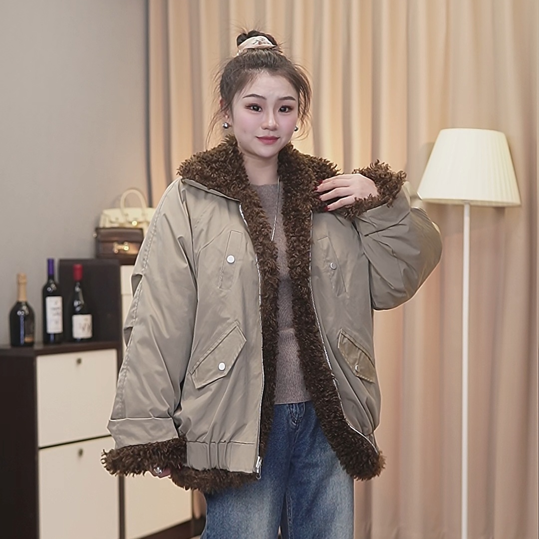 设计感简约时尚棉服女冬季派克服加绒加厚双面穿外套潮