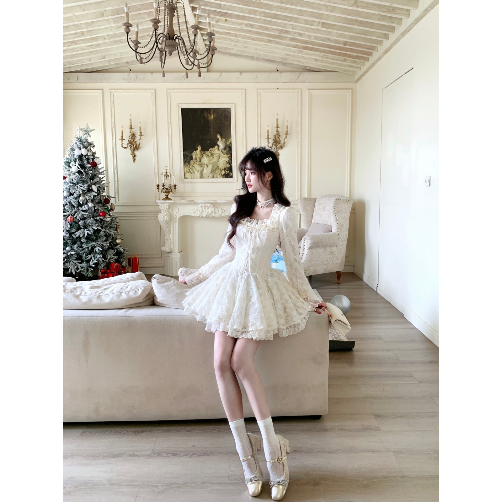 越韩小鱼 芭蕾之羽 法式重工蕾丝边千金风连衣裙生日公主礼服套装