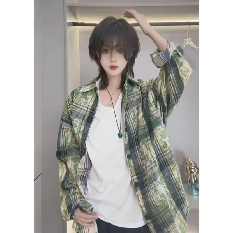 扎染绿色格子衬衫男女同款春秋季格纹长袖衬衣设计感美式情侣外套