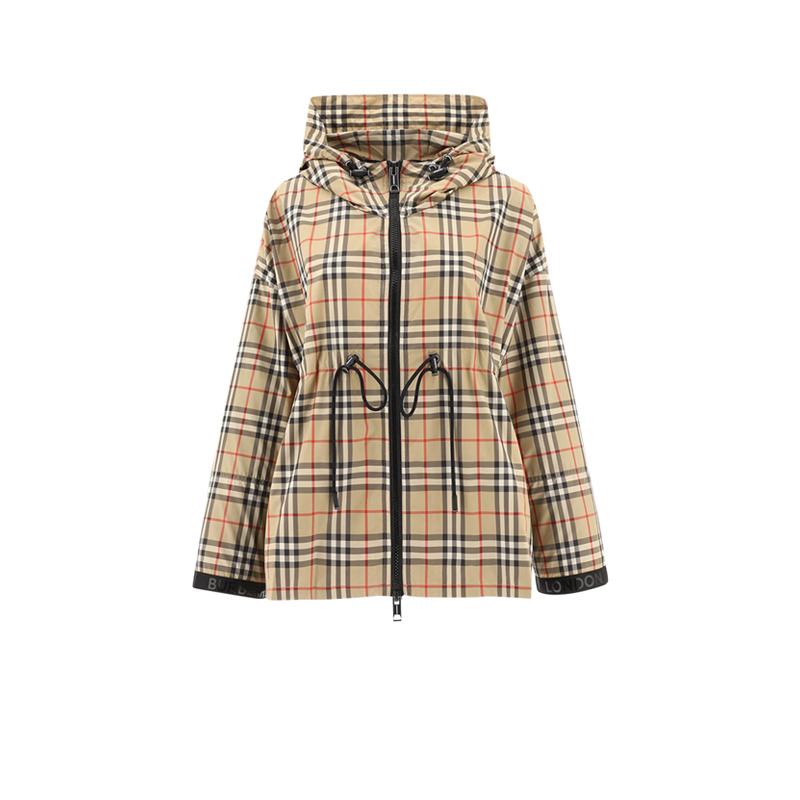 Burberry女款外衣米色舒适格纹收腰修身连帽外套节日送老婆送女友