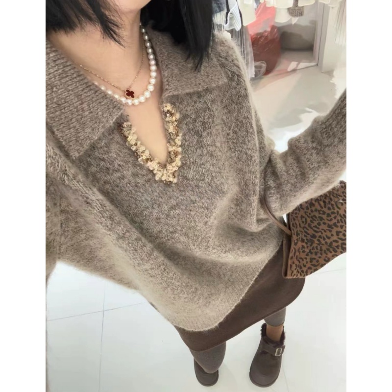 欧货高定水钻亮片V领简约纯色复古重工慵懒风毛衣200