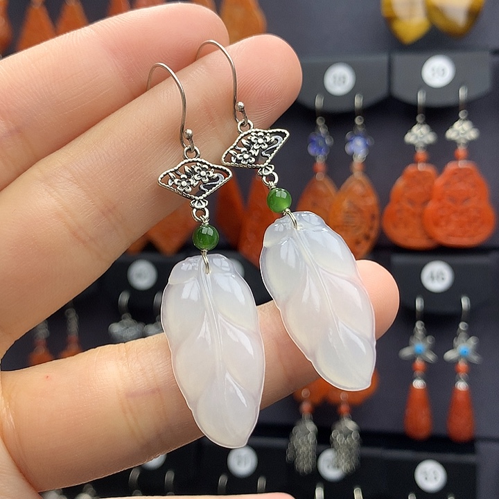 和田玉耳饰银S925镶嵌飘***季