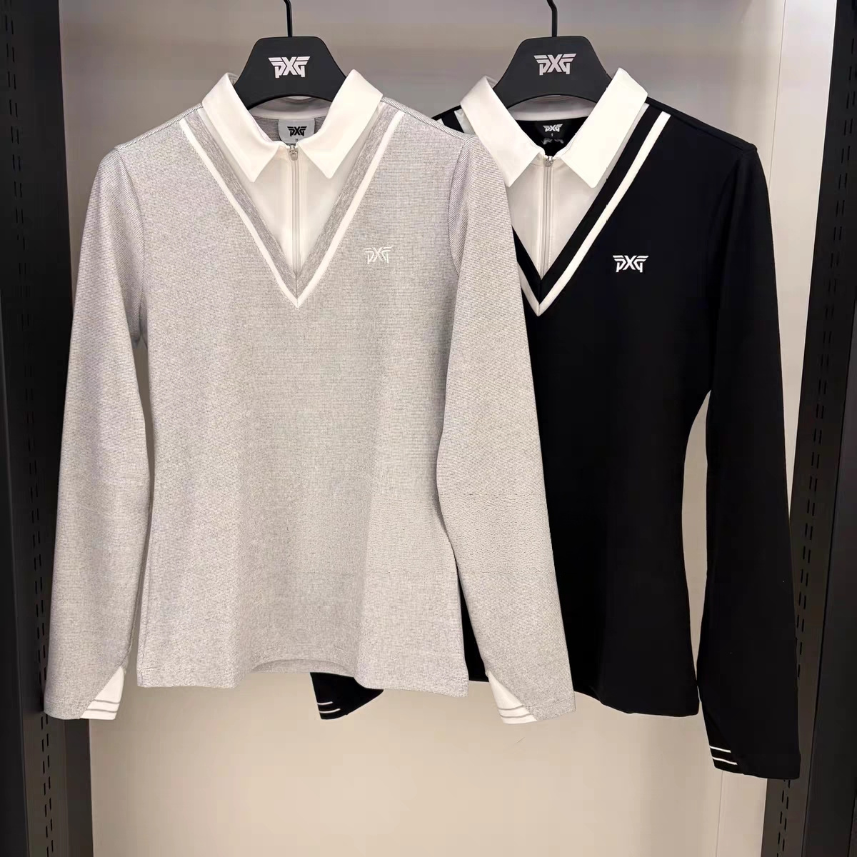 P家新款外贸原单高尔夫服装女上衣25百搭时尚假两件绒感翻领球衣