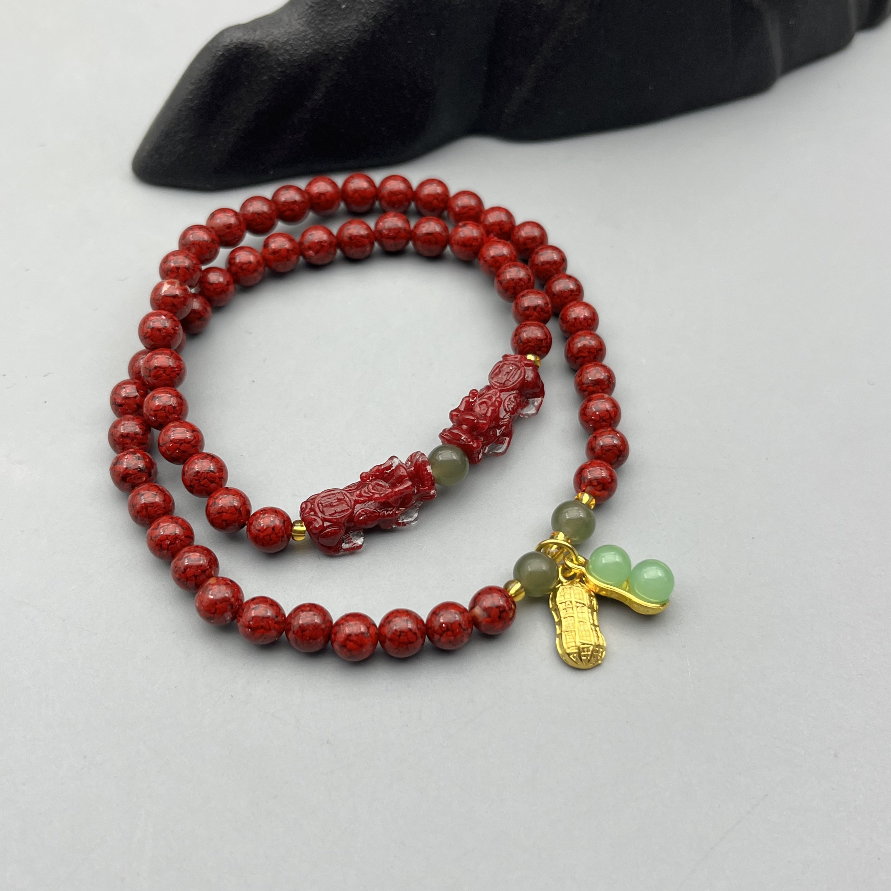 含辰砂工艺品JT482-晶体带双貔貅小花生多圈手链6mm