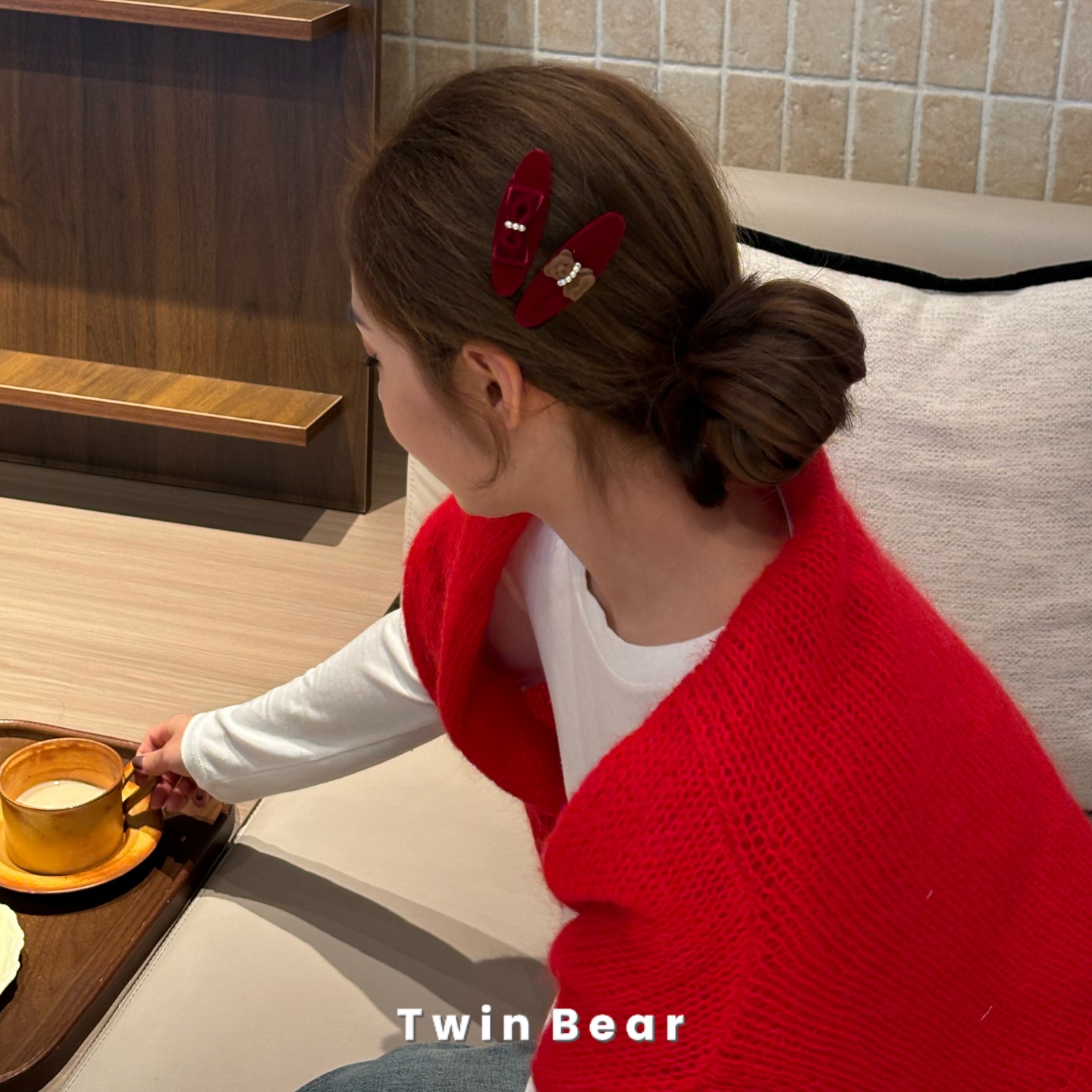 新年发饰~气质氛围感毛绒红色小熊发夹发饰BB夹边夹刘海夹头饰女