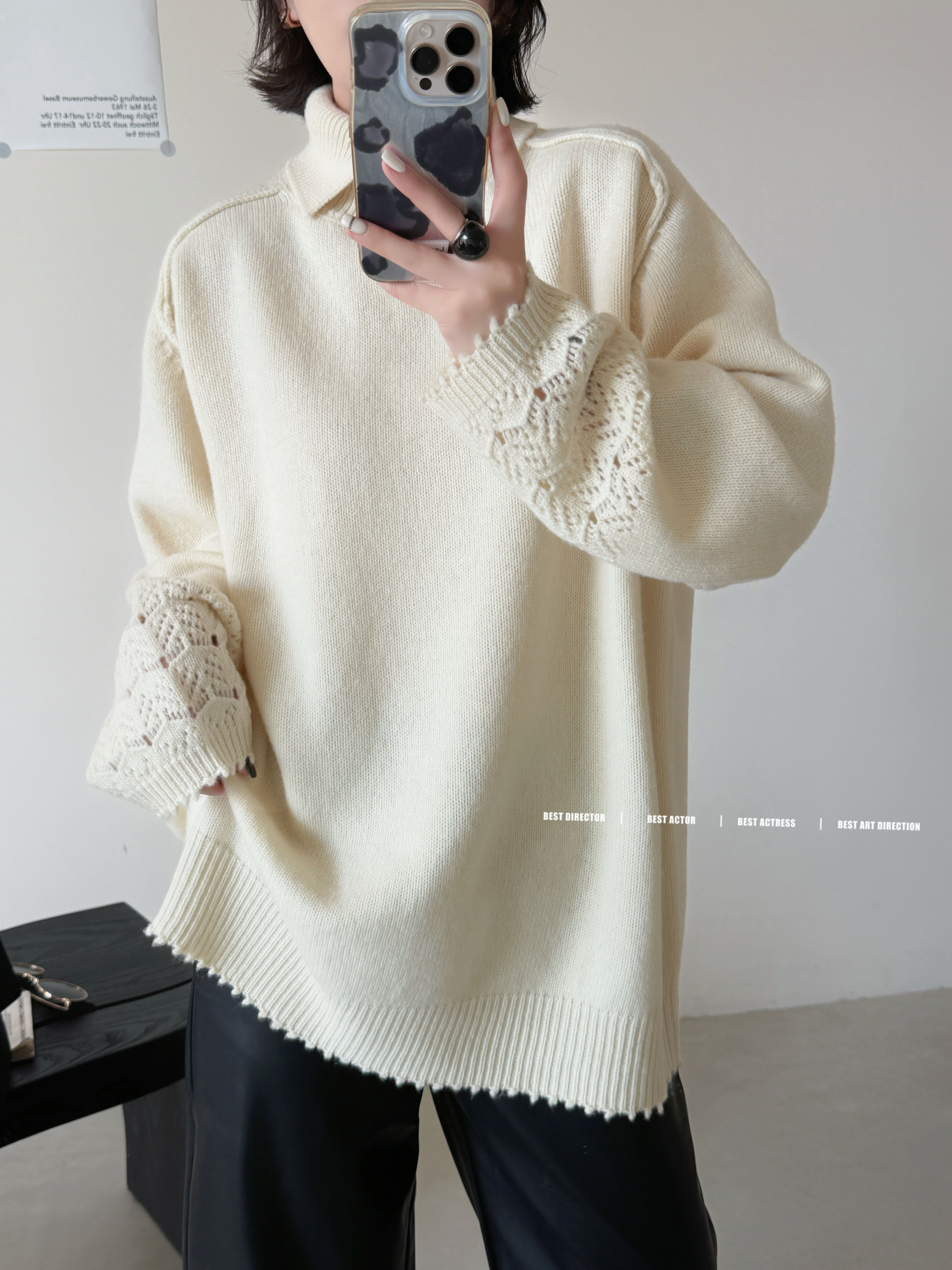 【100%羊毛】设计师款小众法式时尚宽松大版慵懒风针织羊毛衫女