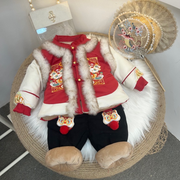 中小童冬季加厚中国风单排扣喜庆拜年服套装