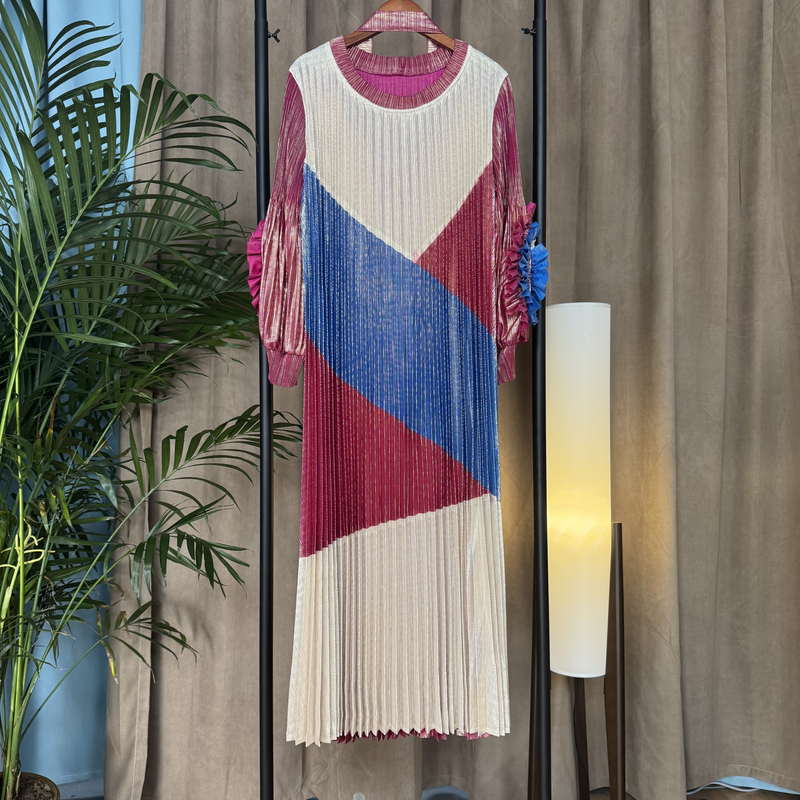 【澜木听风】春夏新款烫金收腰褶皱褶衣系带褶皱多色拼接连衣裙女