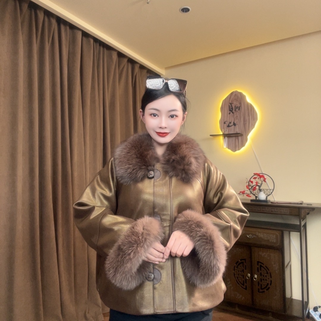 青根貂皮毛一体大毛领冬季保暖长款高端外套7-8556款