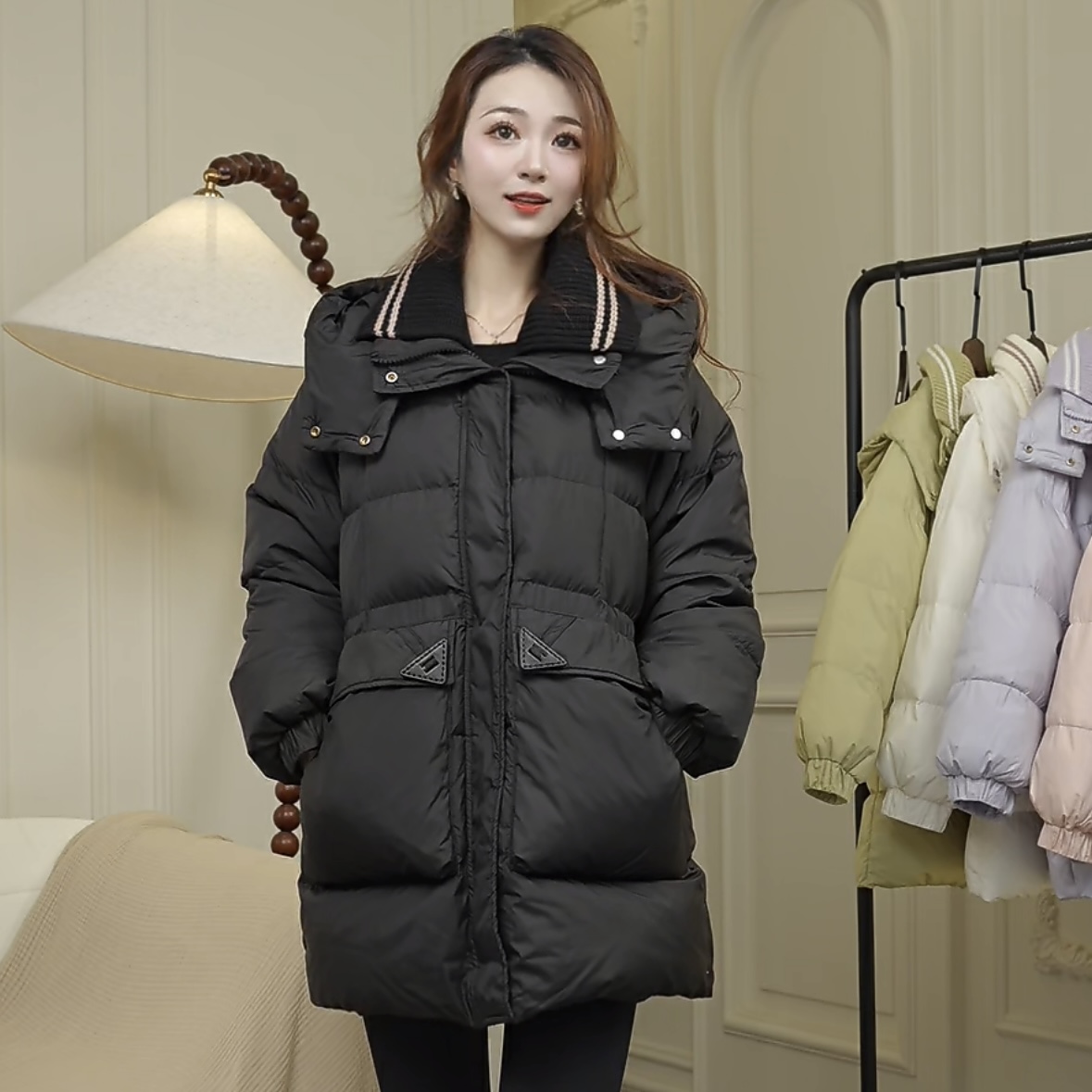 三角标针织领连帽外套羽绒服气质中长款韩版加厚女季时尚百搭显瘦