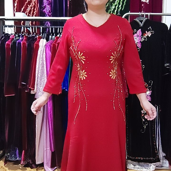 亮酒红v领手工穿珠长款鱼尾裙xl100-125内2XL120-135内