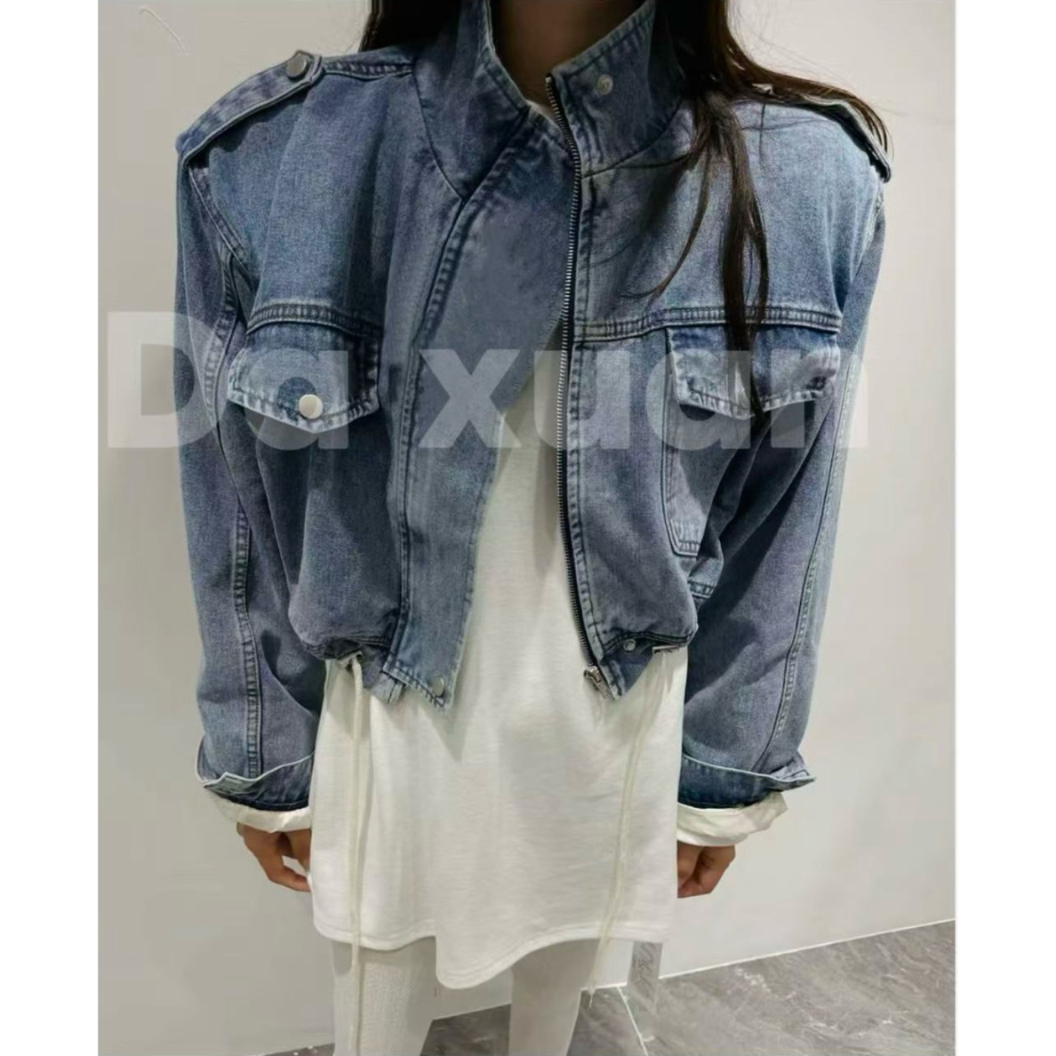 冬季新款韩版翻领复古设计感抽绳牛仔羽羽外套