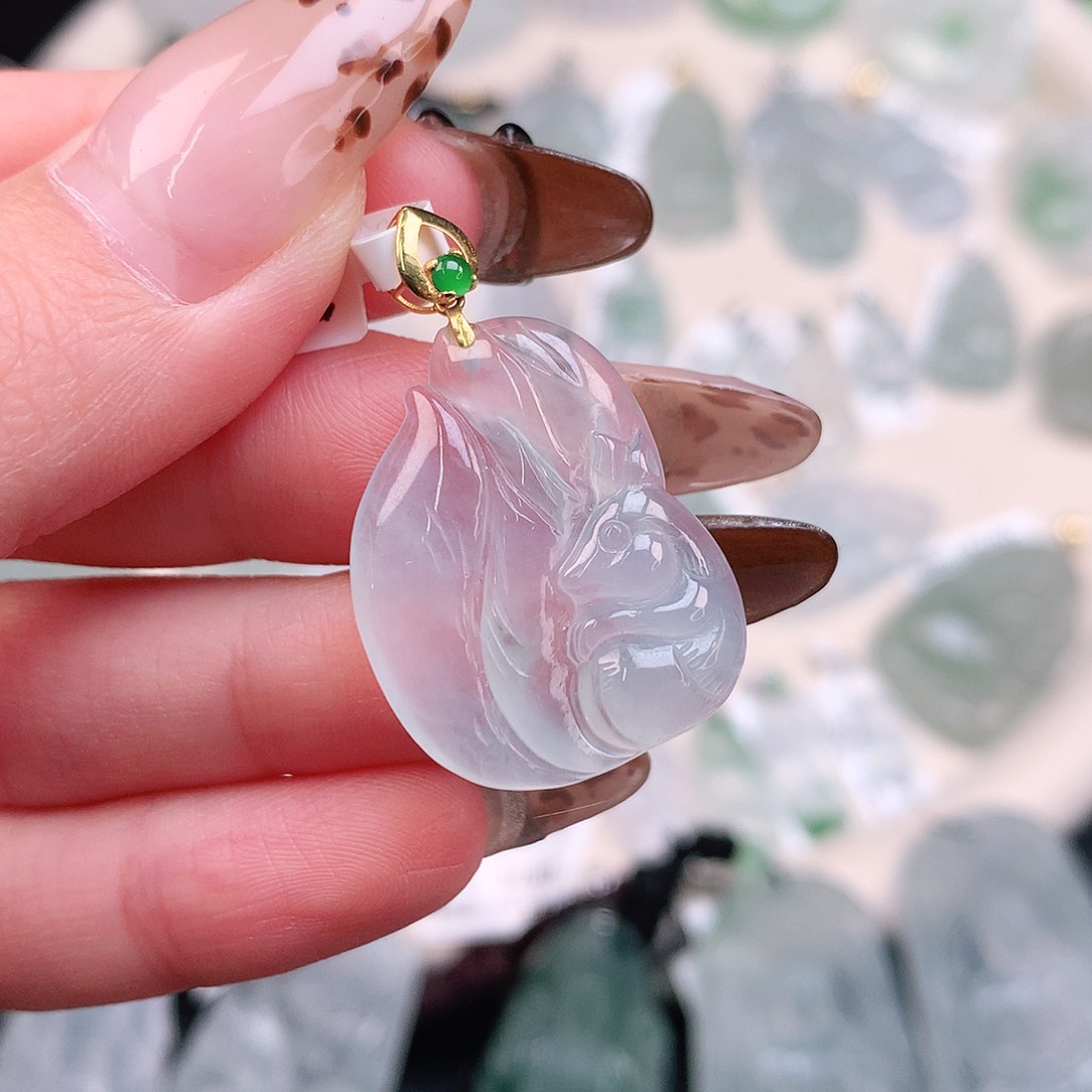 翡翠颈饰18K金镶嵌冰九尾狐33、25.5、20、4.6