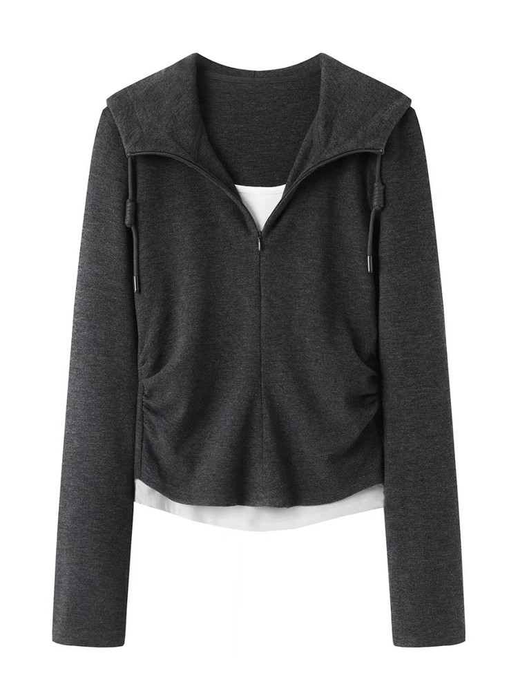 艾家商场同款2025秋款气质简约风修身显瘦撞色连帽卫衣上衣女4114