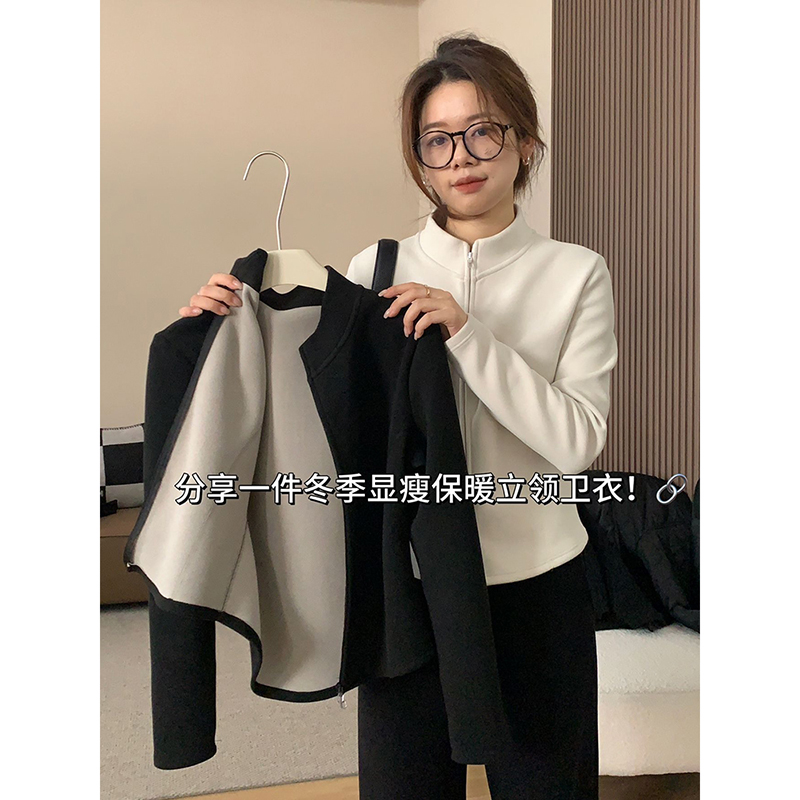 加绒保暖内搭打底衣女春秋可外穿高级感大码胖mm拉链开衫t恤卫衣