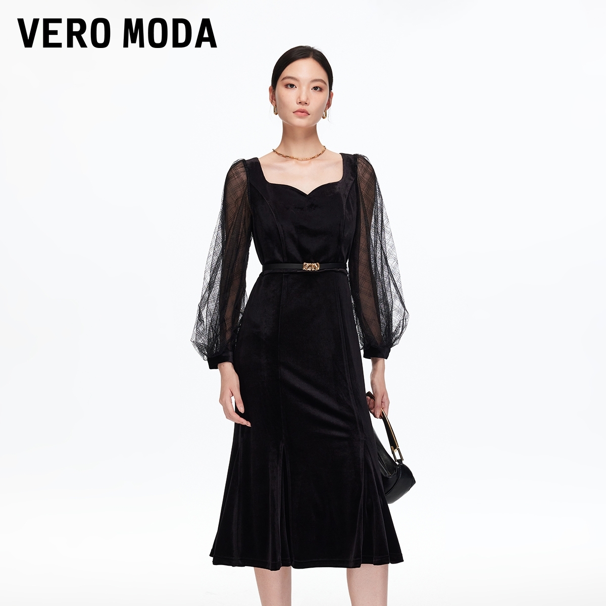 Vero Moda连衣裙【天鹅绒之吻】收腰泡泡袖丝绒裙流光风32537D015