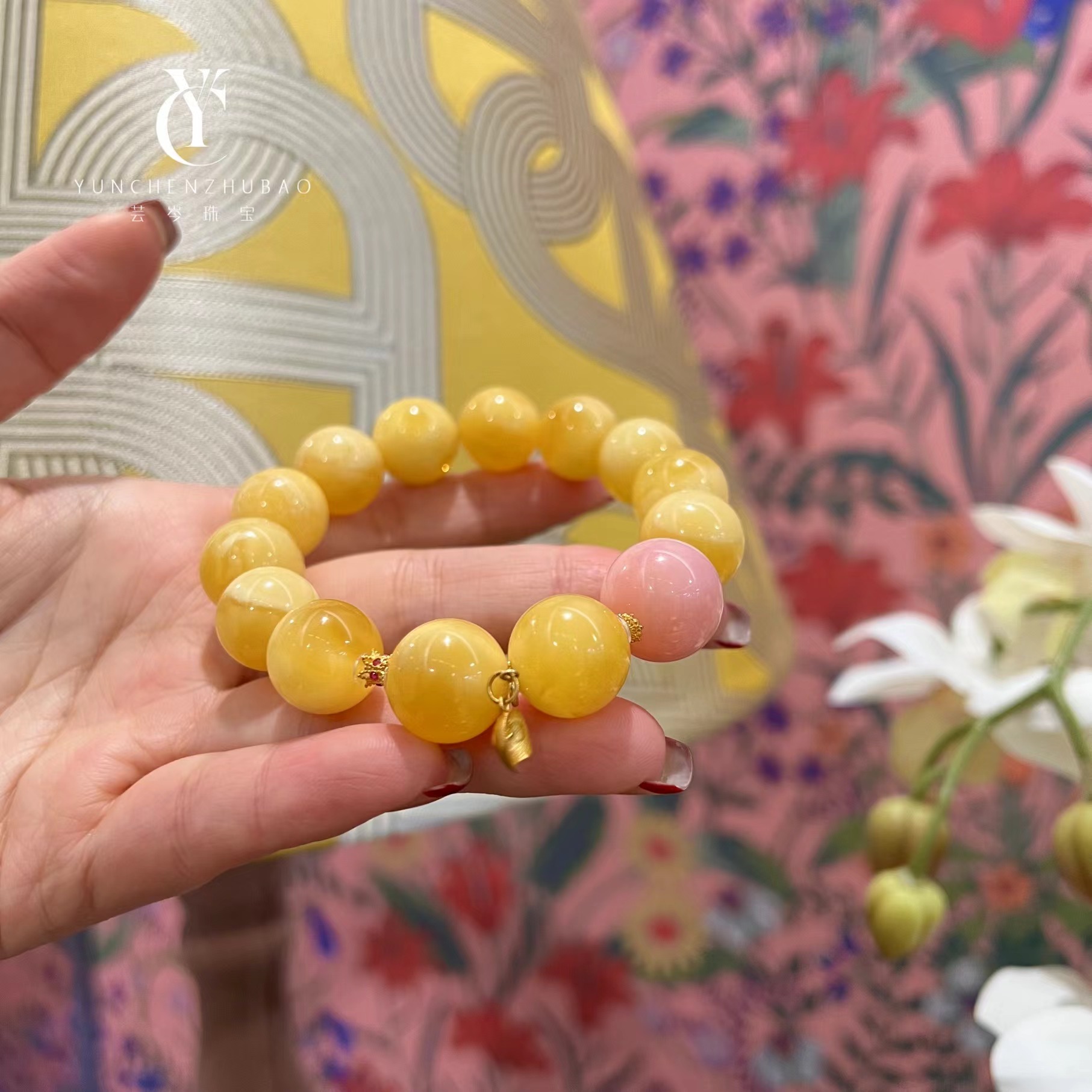 蜜蜡18k金手串 14.3mm00364