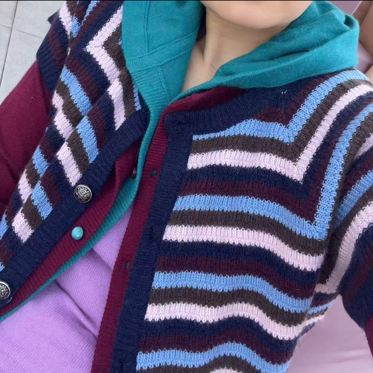 安安家羊绒条纹撞色开衫