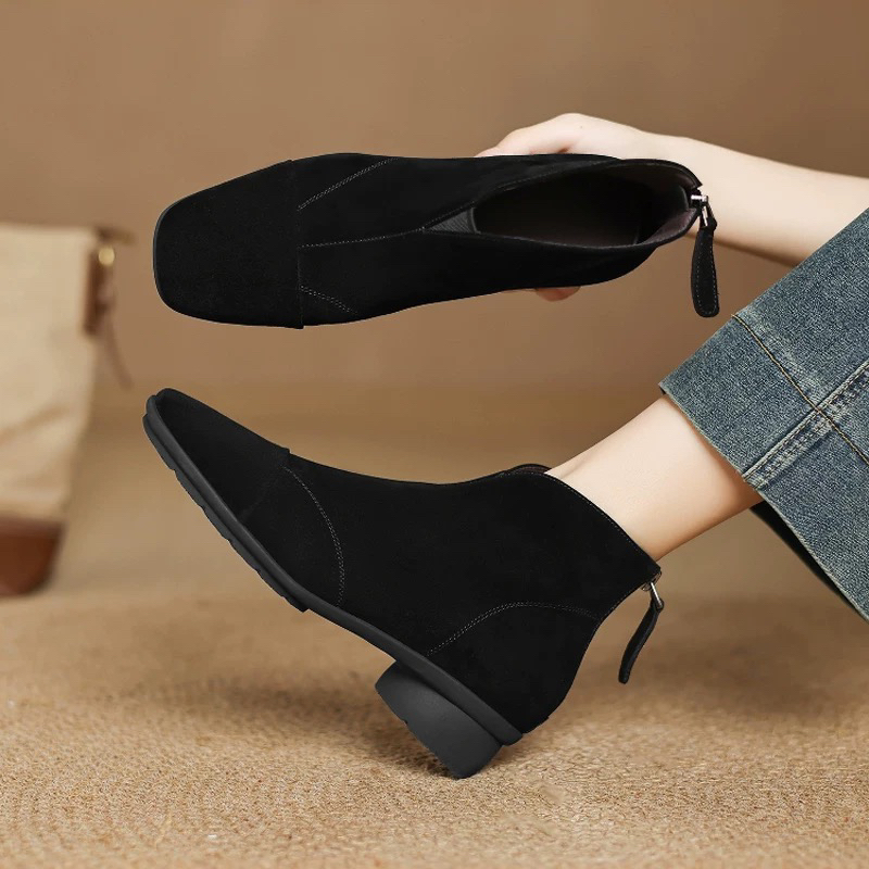 软牛皮5cm春秋复古粗跟真皮软底百搭英伦风圆头舒适短靴女鞋新款