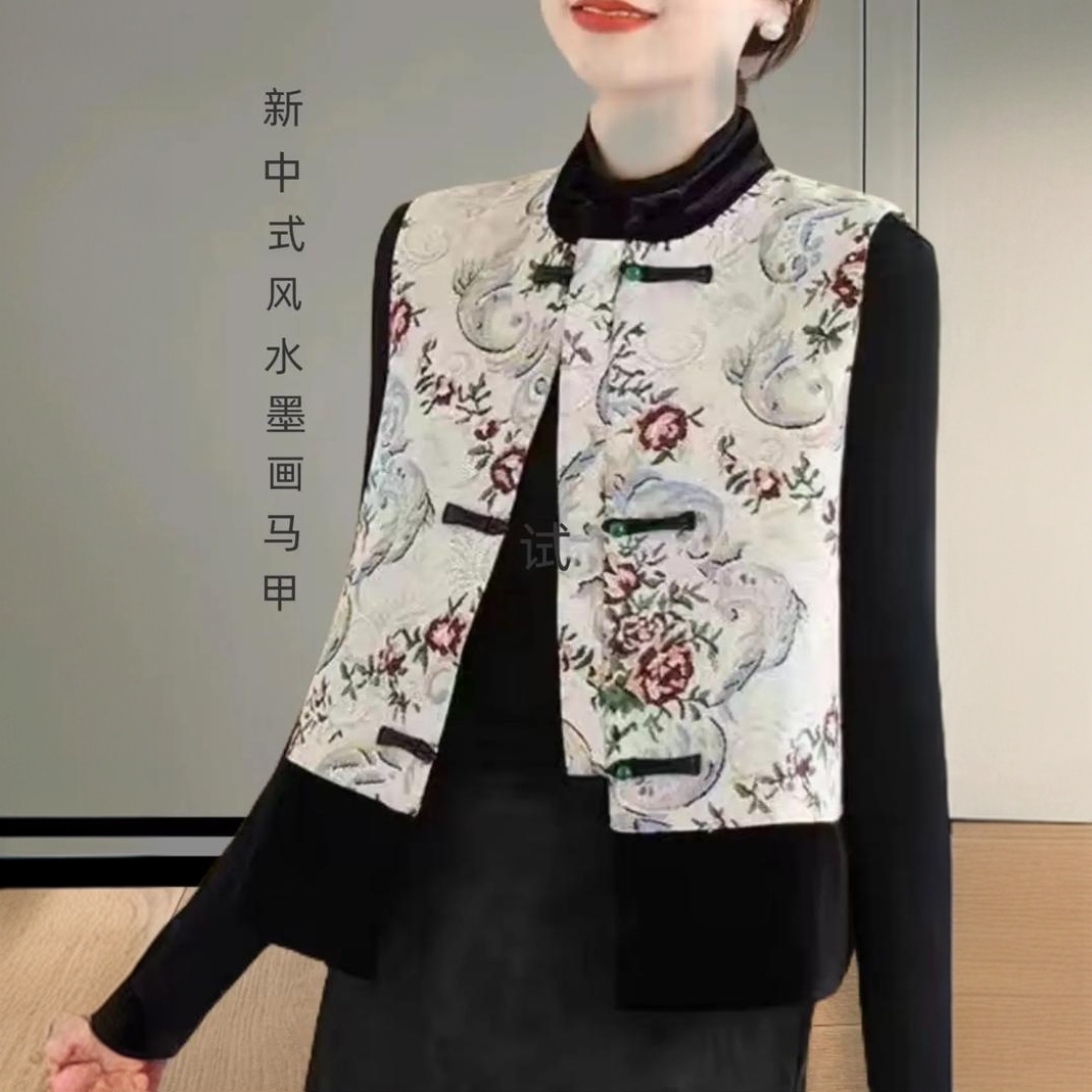 复古街头立领马夹上衣中式风马甲水墨休闲短款新中式