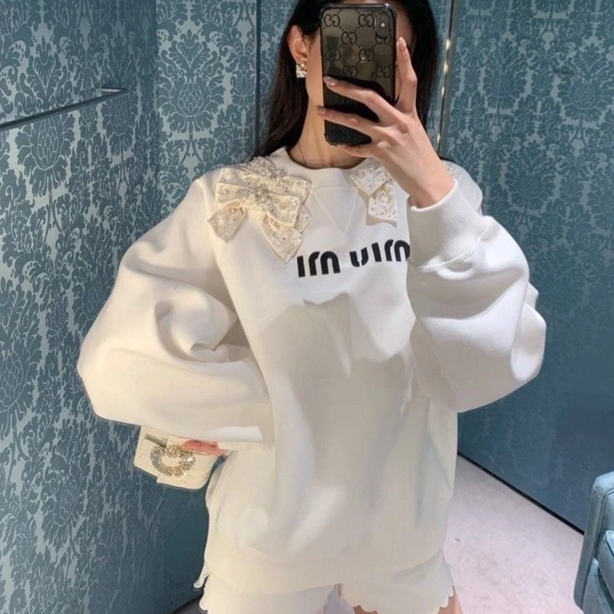 99新 MIU MIU/缪缪 蝴蝶结水钻卫衣 s码 