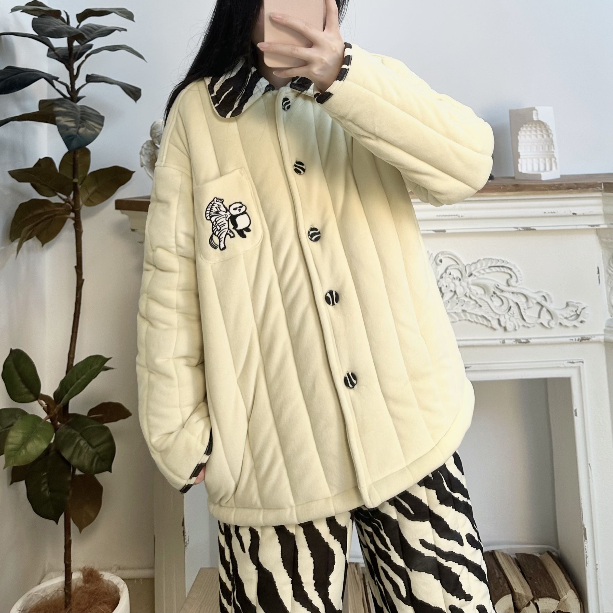 司睿斑马纹冬季加厚可外穿男女情侣家居服保暖棉服棉袄气质套装