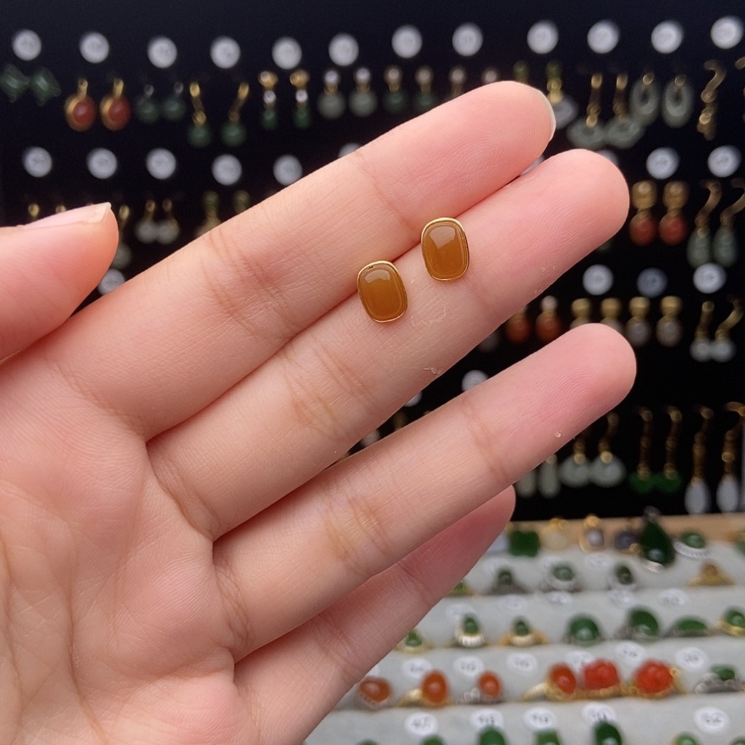 银S925镀金镶嵌和田玉耳饰