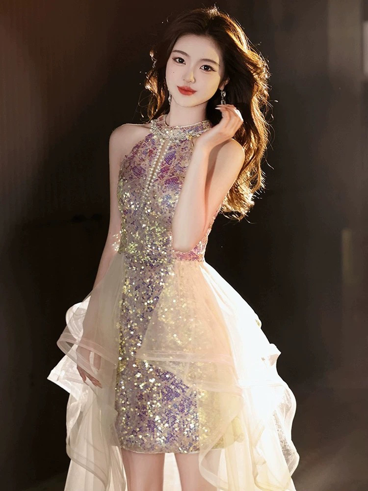 直播链接断码特价短款挂脖亮片晚礼服法式宴会名媛轻奢主持生日服