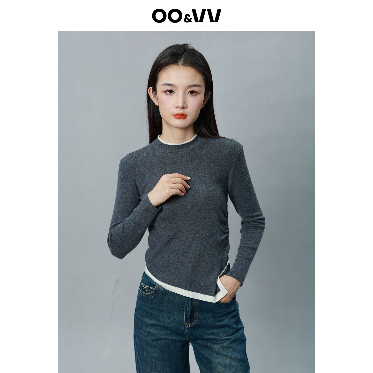 OO&VV羊毛衫女2025秋新内搭针织上衣修身显瘦百搭打底假两件上衣